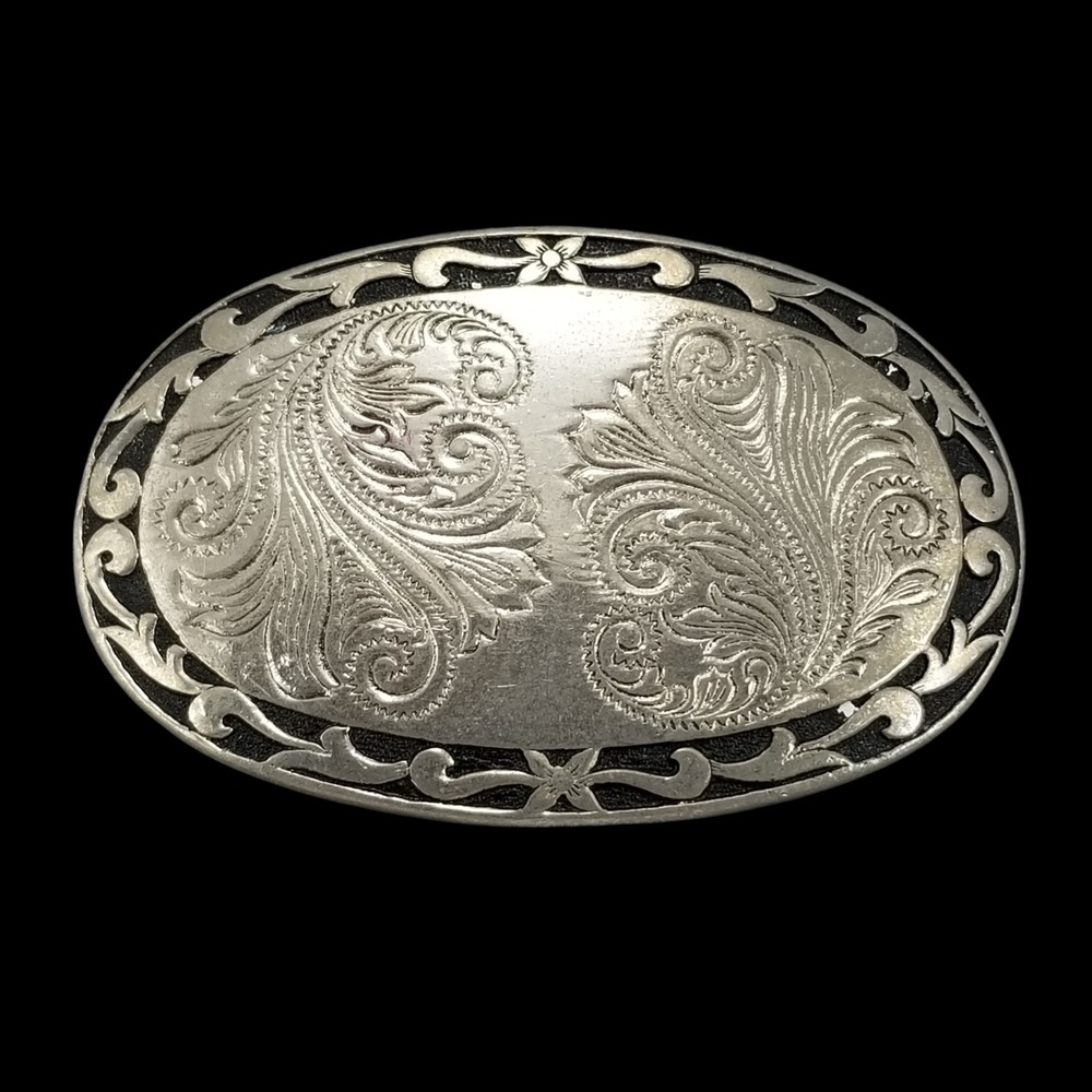 Western Silver Tone Oval‎ Belt Buckle Engraved Paisley Floral Scroll Filigree